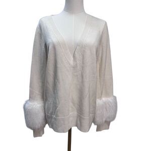 VGUC Ramy Brook Women's Ivory V-Neck Sweater Faux Fur Trim Knit Pullover Size L